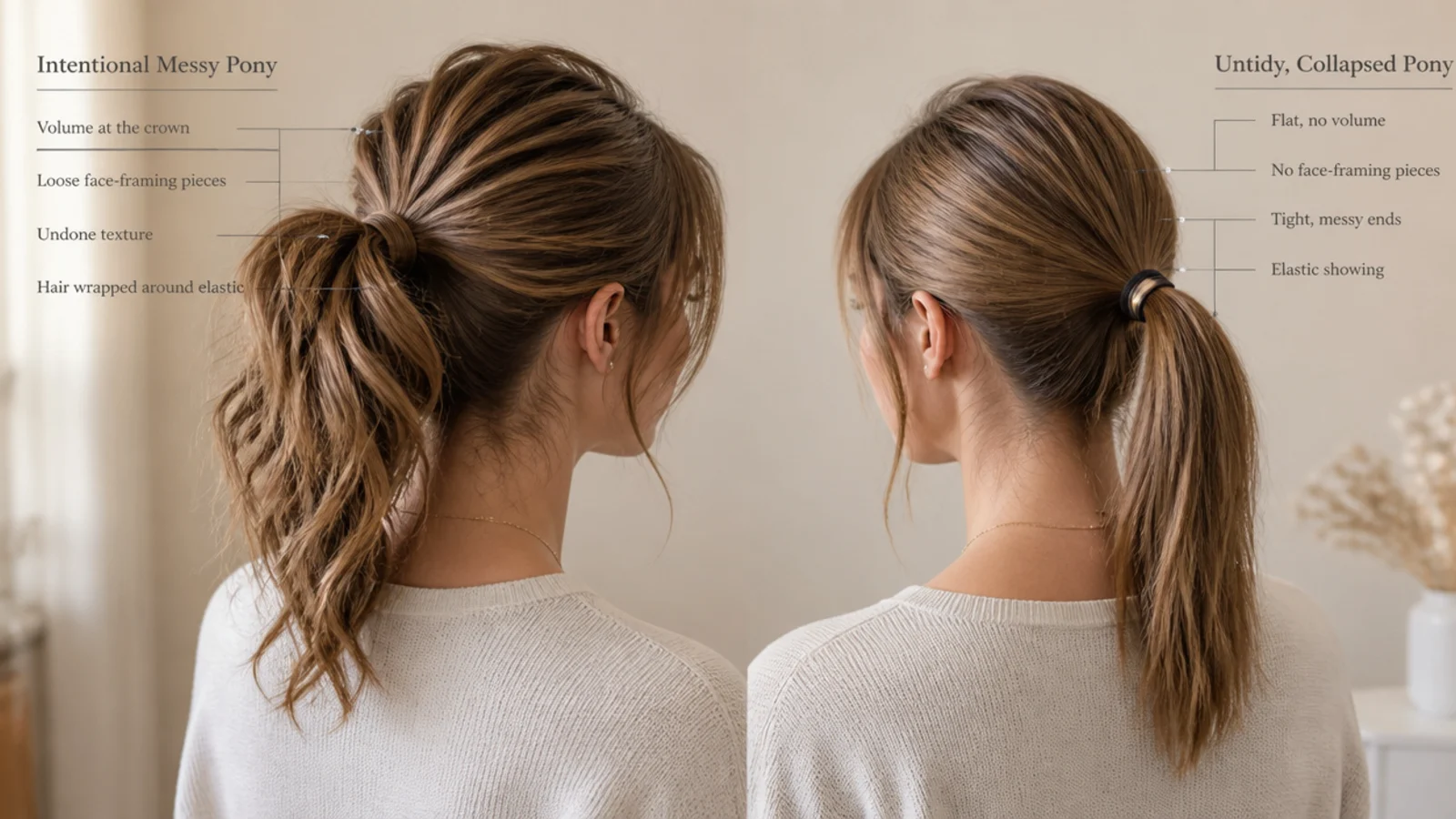 Side by side comparison of an intentional messy ponytail and an untidy collapsed ponytail