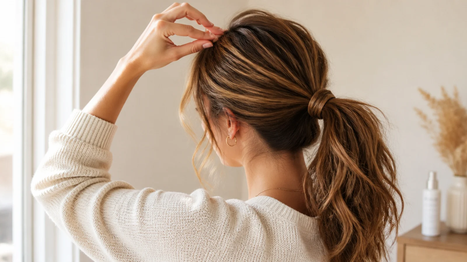 A ponytail base being loosened at the hairline to reduce scalp tension and traction on the edges