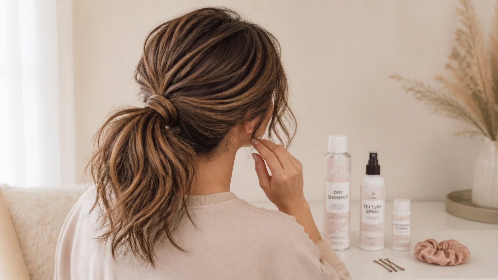 Dry shampoo, texture spray, volumizing powder, satin scrunchie and bobby pins for a messy ponytail