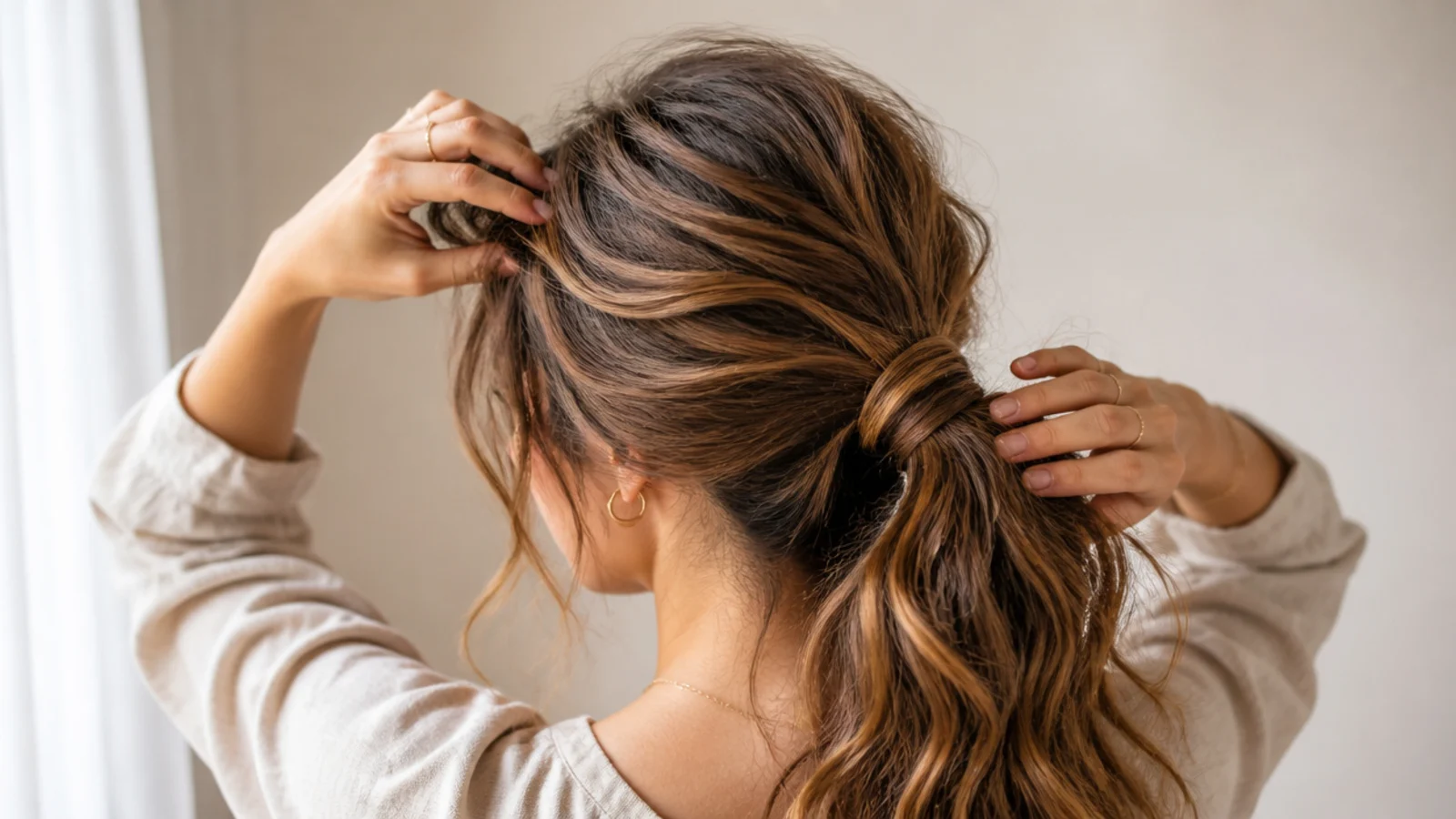 Fingers combing through wavy hair to remove tangles without smoothing it for a messy ponytail