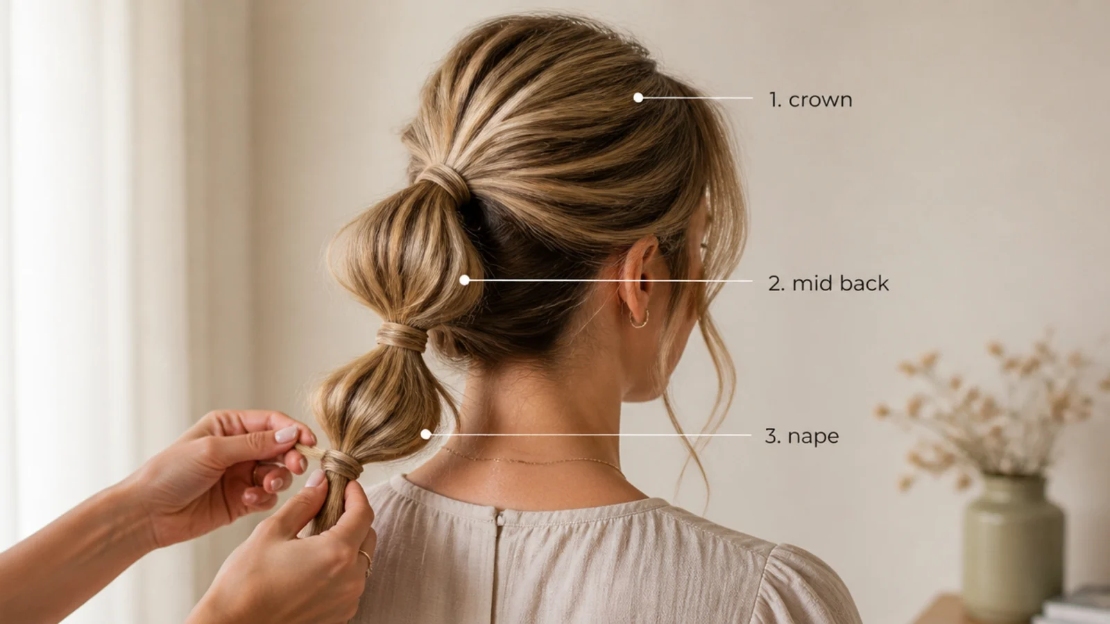 Three ponytail placements marked at the crown, mid back of head and nape of the neck