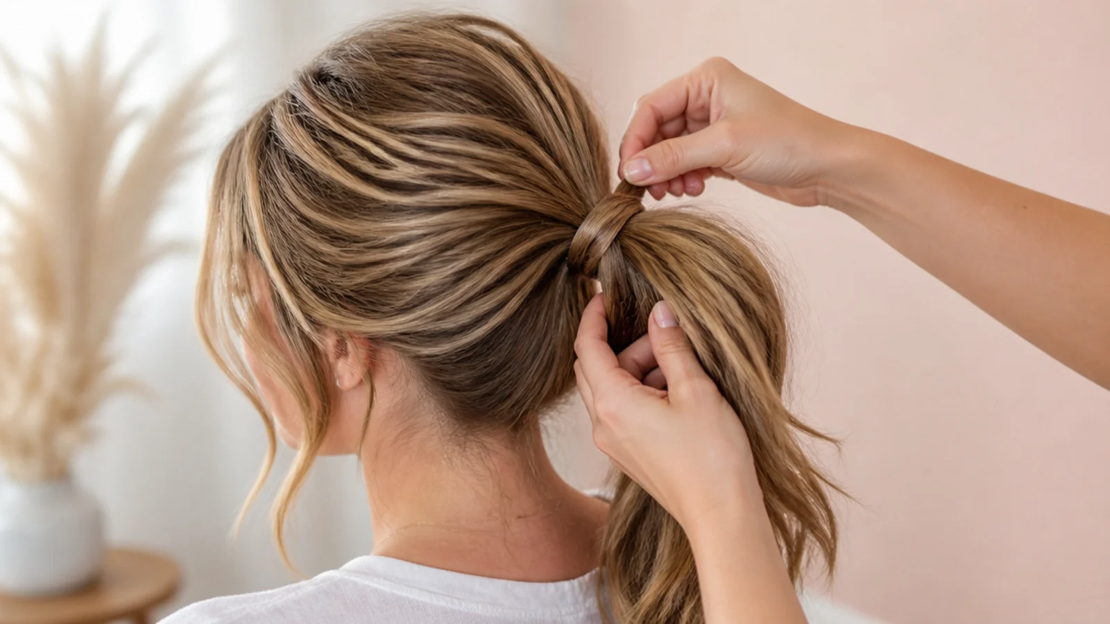 Hands gathering hair into a messy ponytail while leaving the hairline soft and untouched