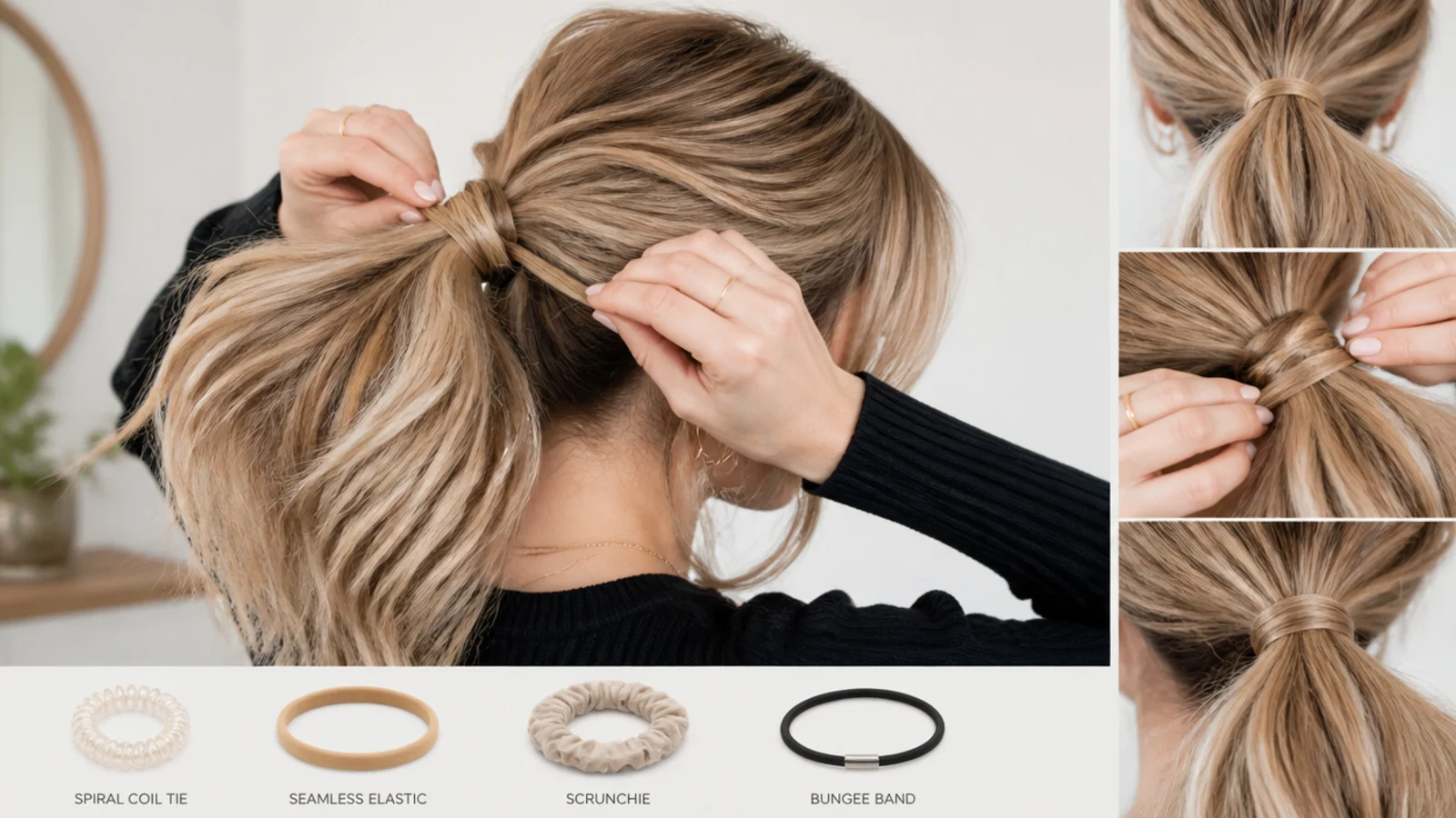 A spiral coil tie, seamless elastic, scrunchie and bungee band laid out for a messy ponytail