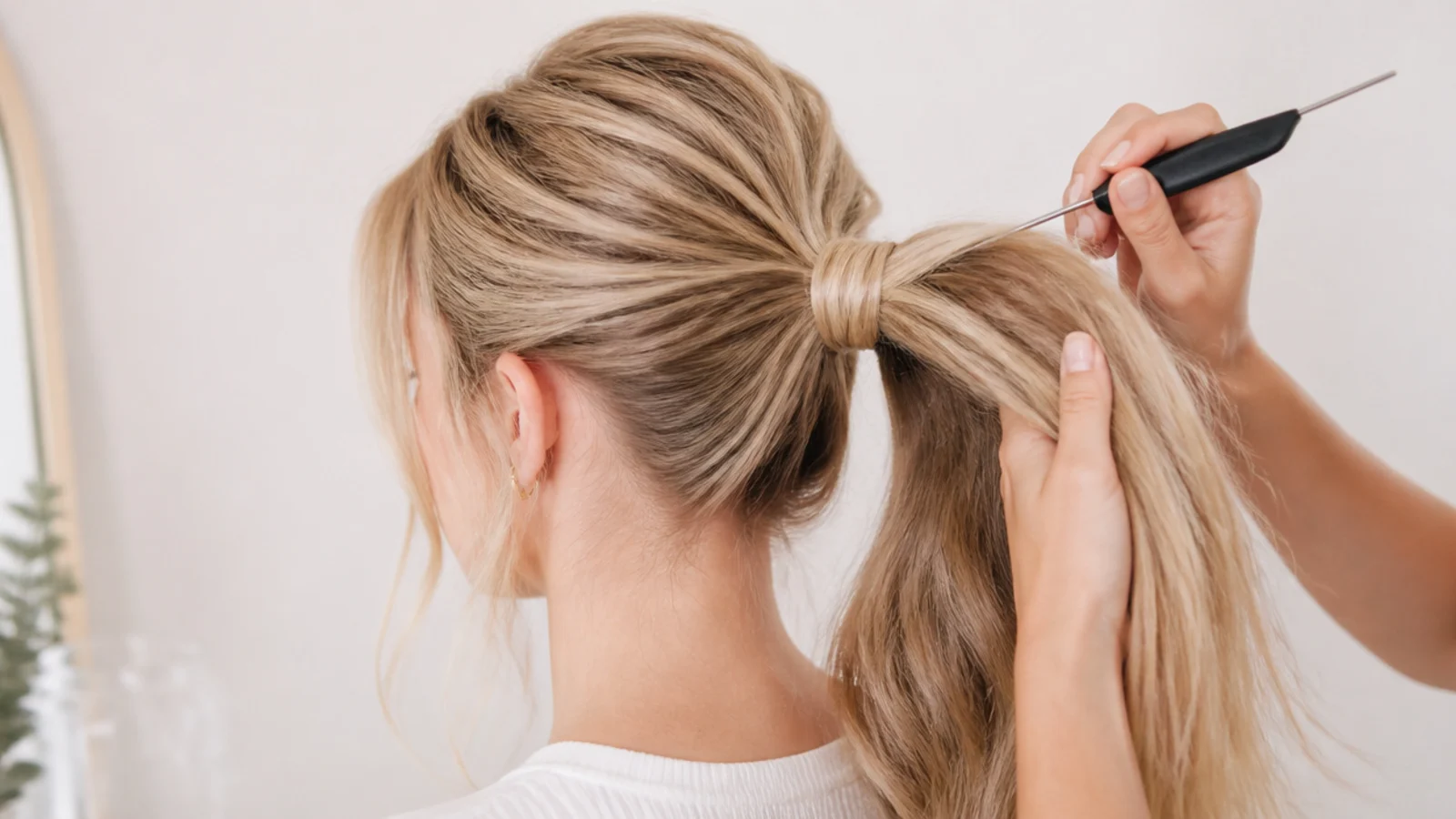 A tail comb backcombing the underside of a ponytail base to build fullness and hold