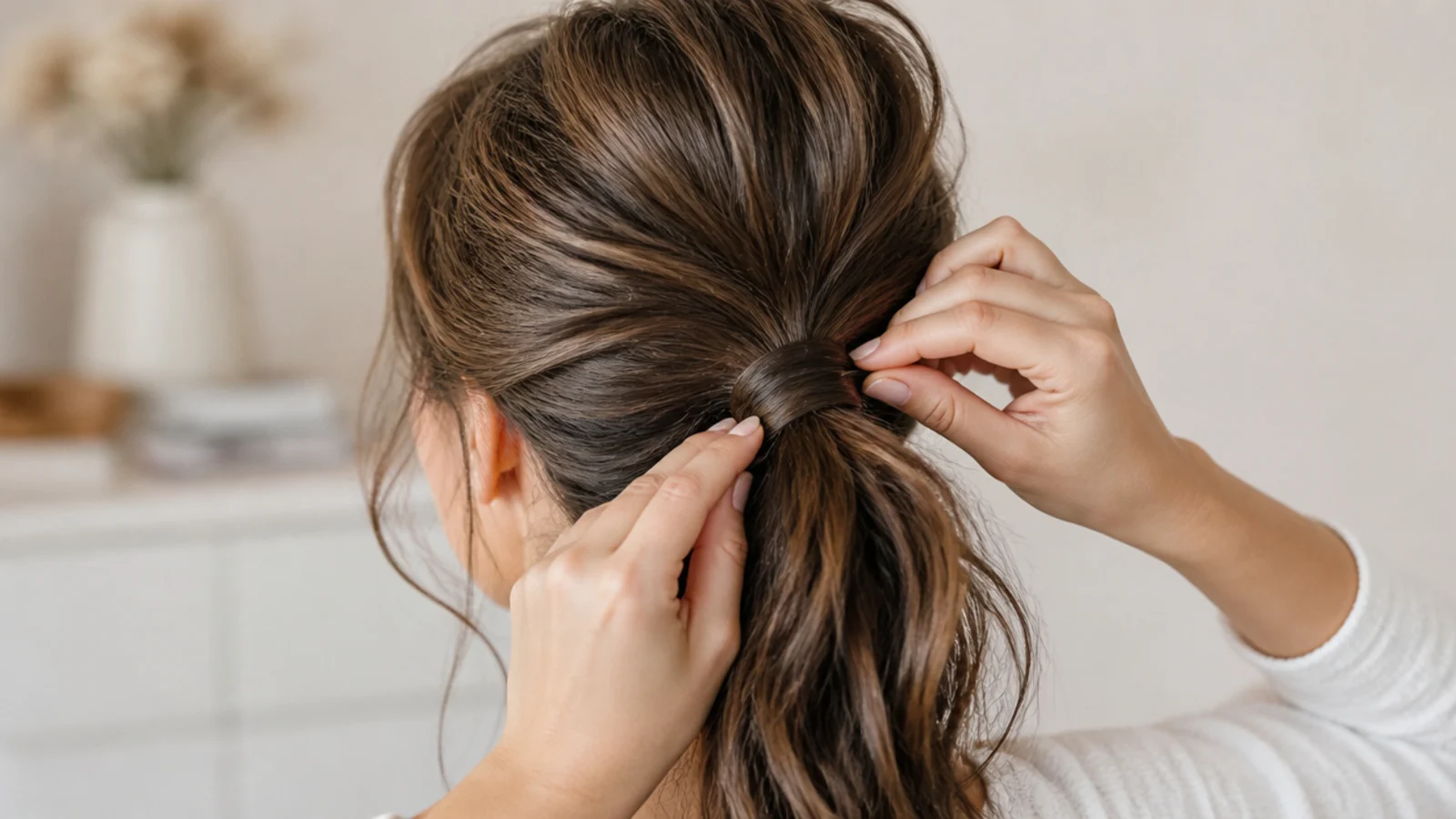 A thin section of hair wrapped around the elastic of a messy ponytail and pinned underneath