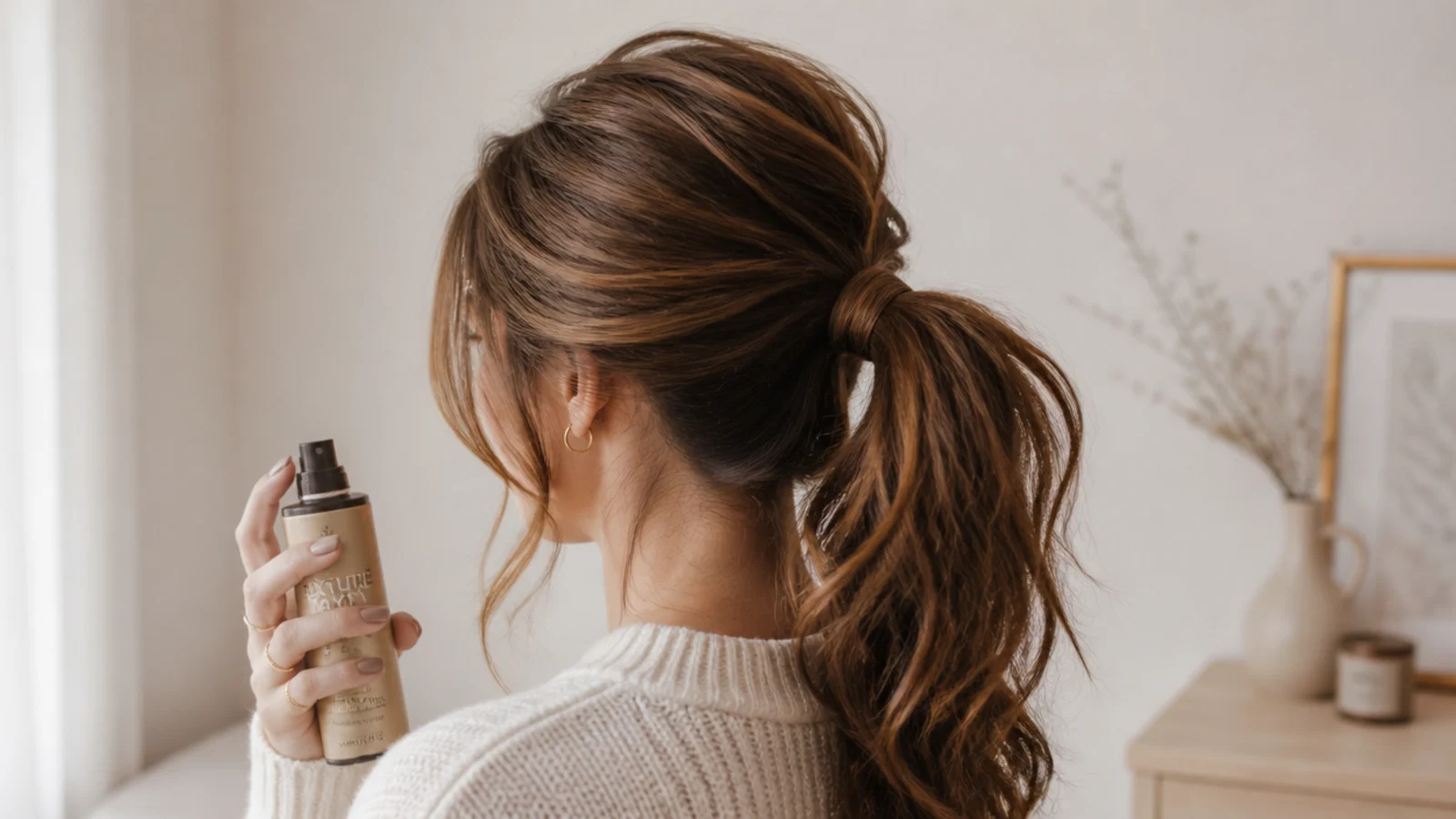 A messy ponytail base backcombed and pinned to hold volume through a full workday