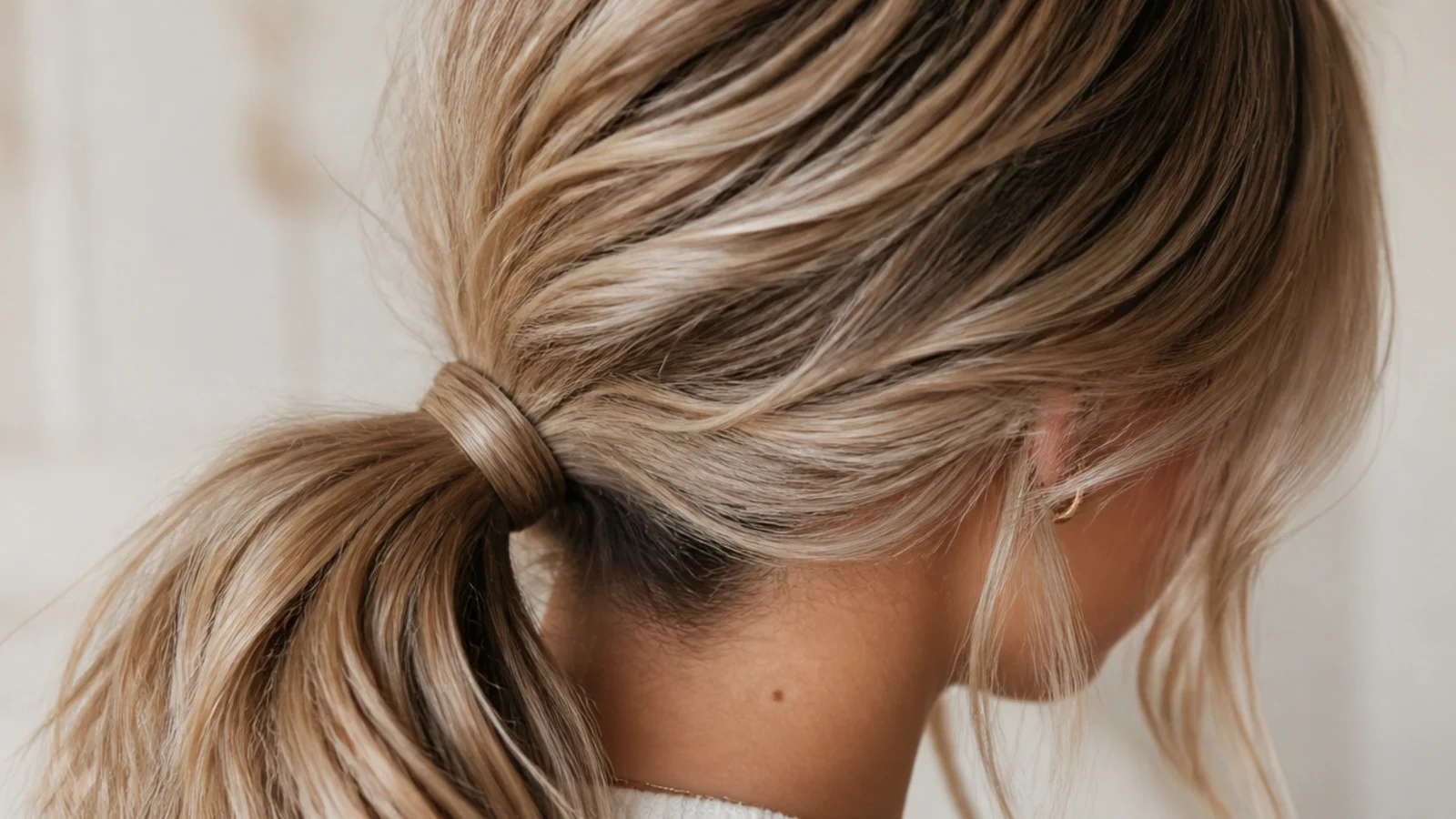 Low messy ponytail with a wrapped strand of hair hiding the elastic at the nape