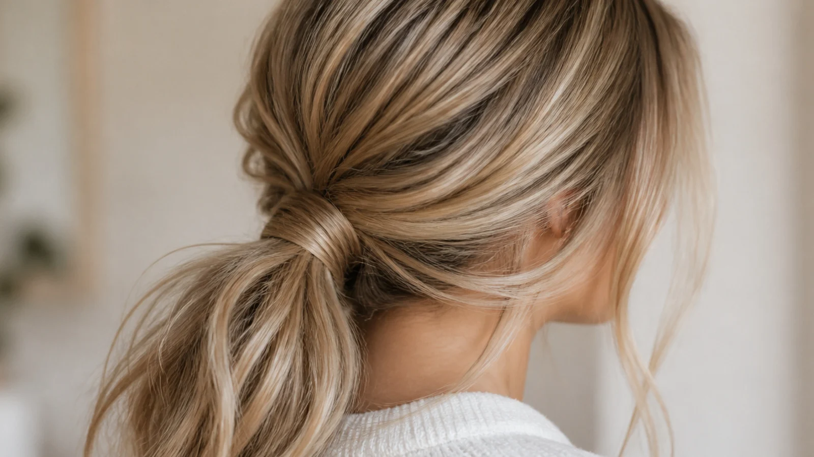 Low messy ponytail with two long face-framing pieces left loose at the cheekbones