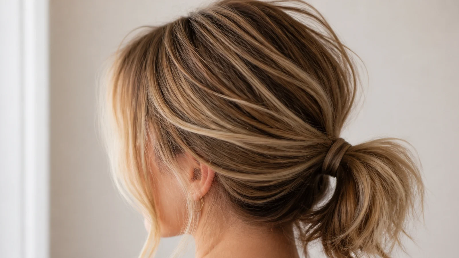 Low messy ponytail worn with curtain bangs parted in the middle and swept off the face