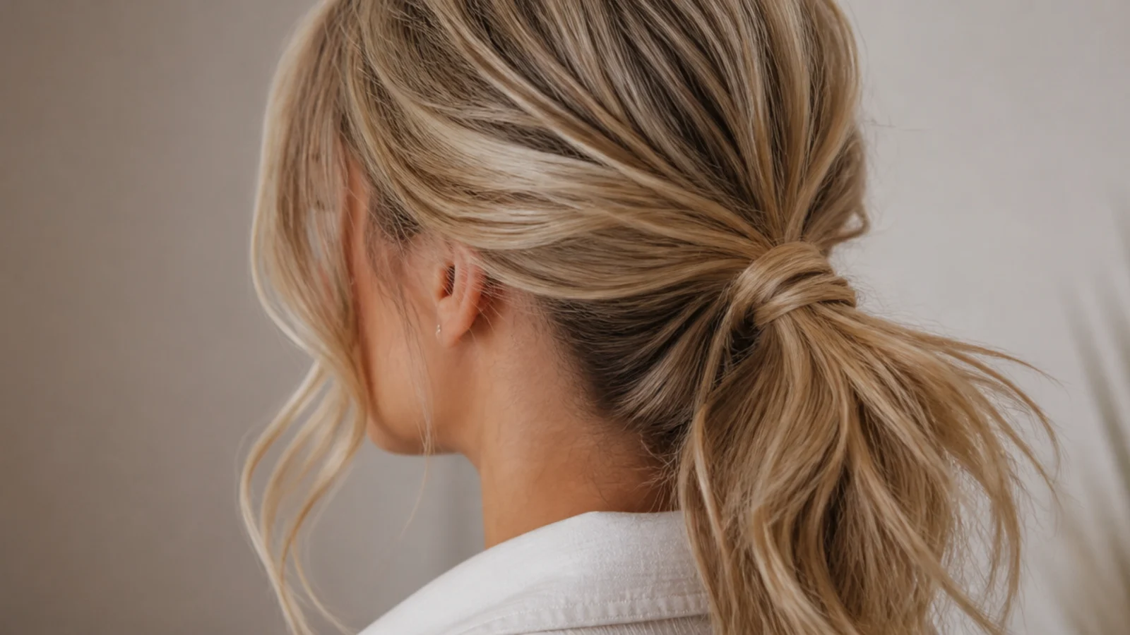 Day-two low messy ponytail with dry shampoo at the roots for grip and texture