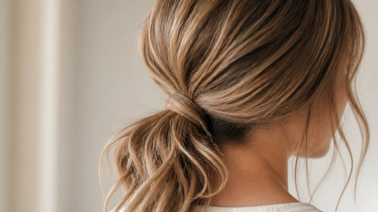 Low messy ponytail with loose beach waves through the tail and a soft wrapped base