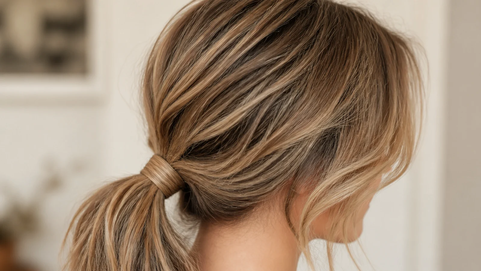 Deep side part low messy ponytail with volume swept over one side of the forehead