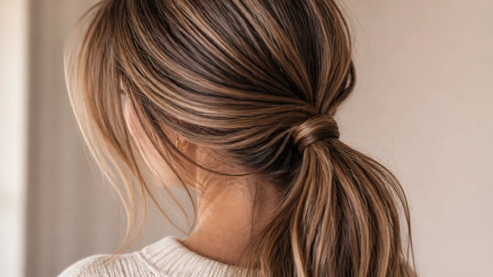 Side-swept low messy ponytail gathered behind one ear and draped over the shoulder