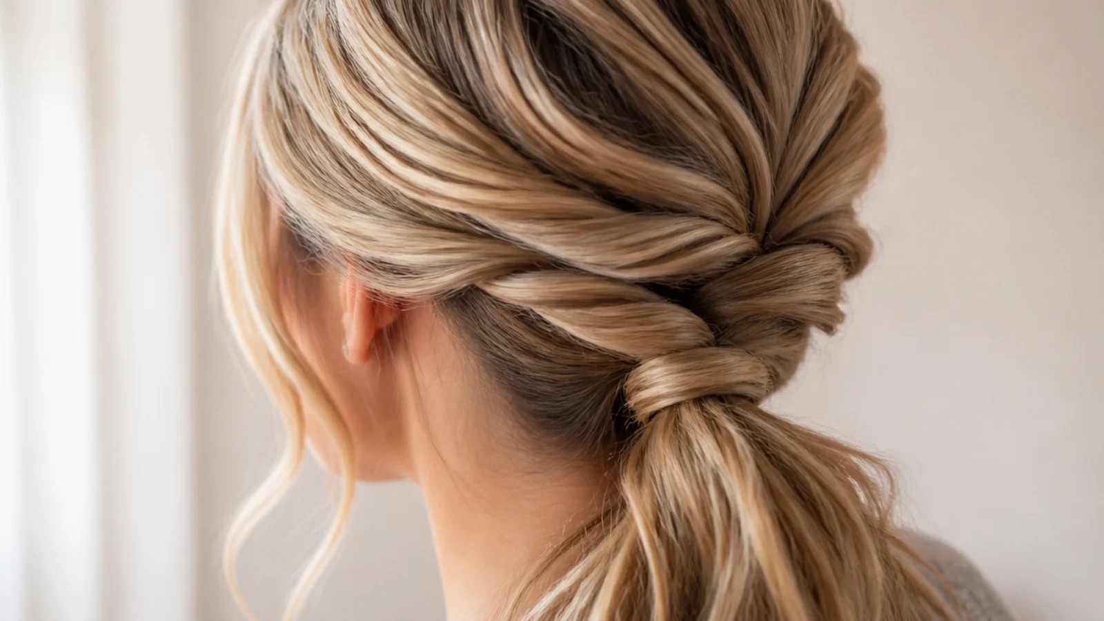 Twisted low messy ponytail with two rope twists meeting at the nape