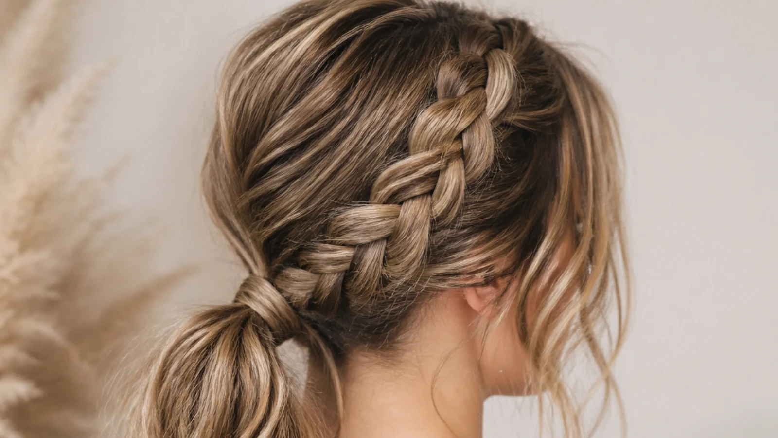 Low messy ponytail with a loose front Dutch braid running from the part to the nape