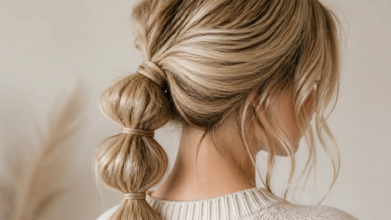 Low bubble messy ponytail with three soft segments spaced down the tail