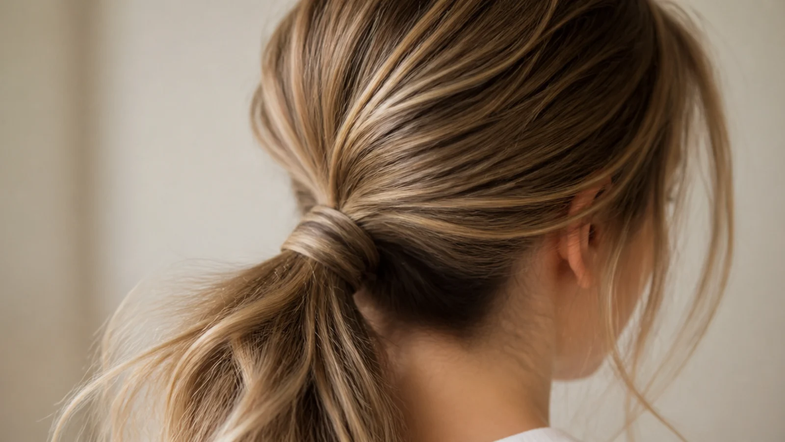 Low messy ponytail on fine hair with a teased crown and a doubled-back elastic
