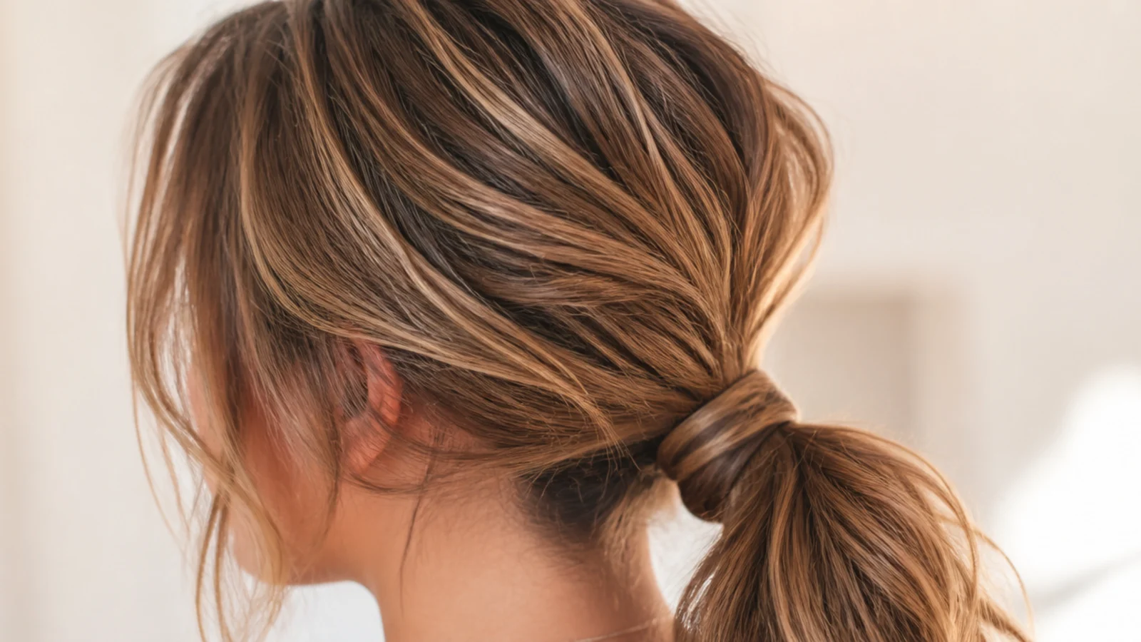 Low messy ponytail on thick hair secured with a bungee band at the nape
