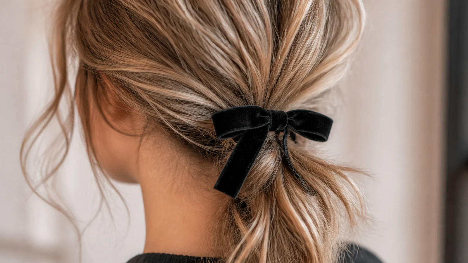 Low messy ponytail finished with a black velvet bow clipped at the nape
