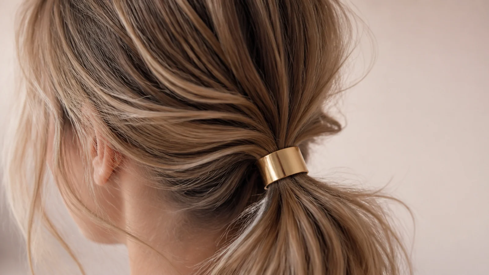 Low messy ponytail with a gold metal hair cuff clamped around the base of the tail