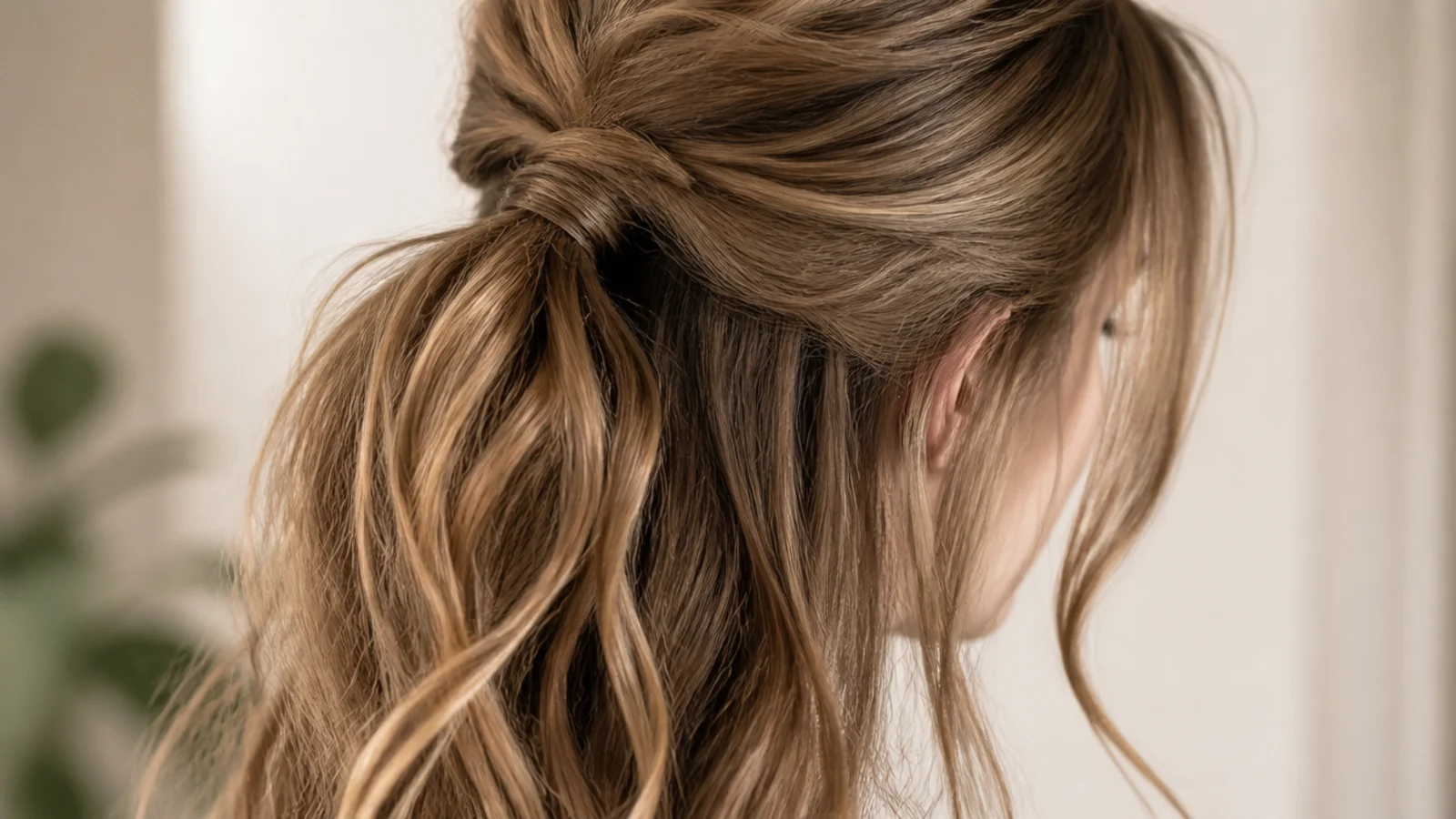 Half-up low messy ponytail with the top section tied at the crown and the rest left down