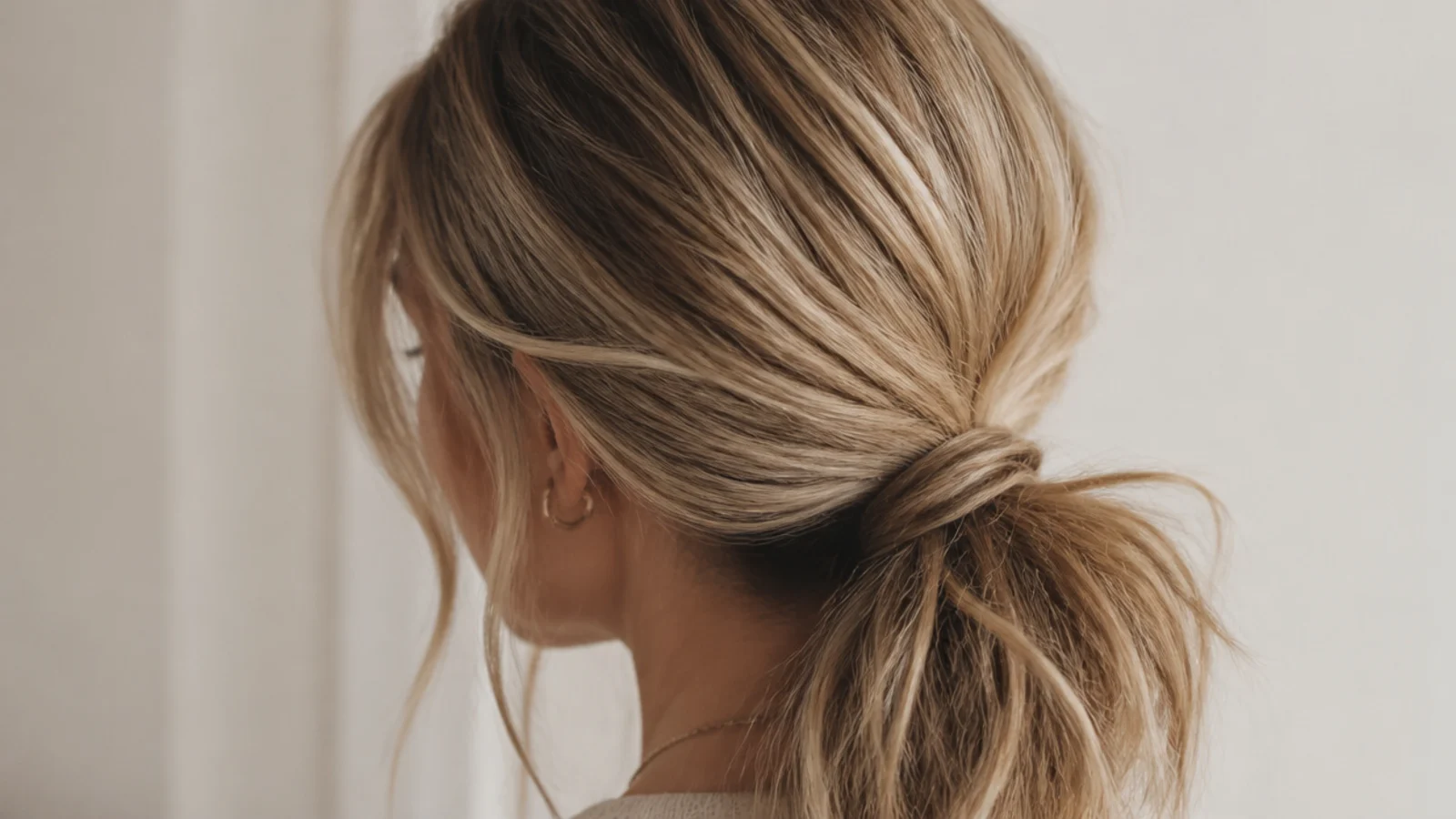 Sleek-root low messy ponytail with smooth crown and a textured undone tail at the nape