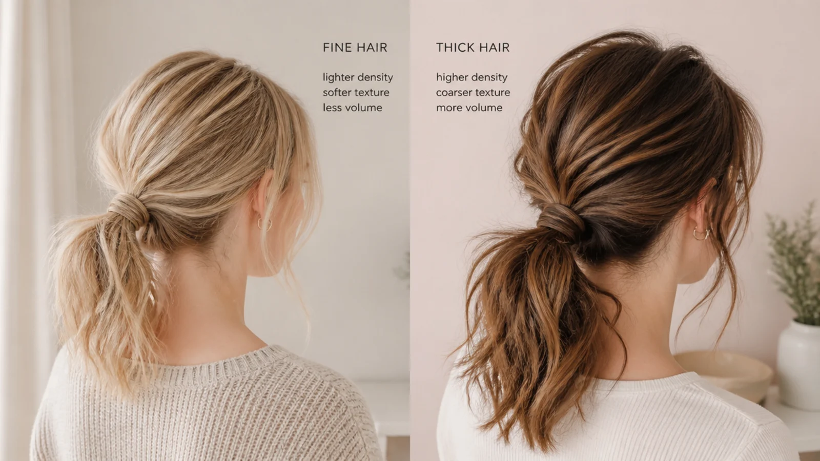 Low messy ponytail compared on fine hair and on thick hair at the nape