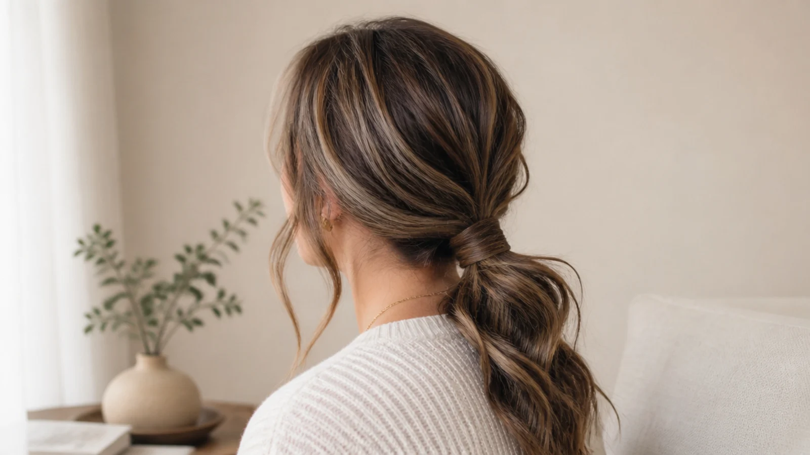Low messy ponytail tied at the nape with loose temple pieces and a wrapped elastic