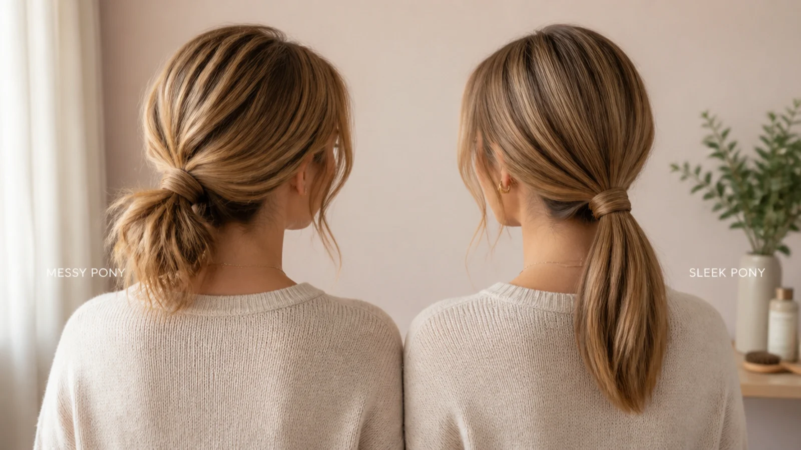 Low messy ponytail and sleek low ponytail compared side by side at the nape