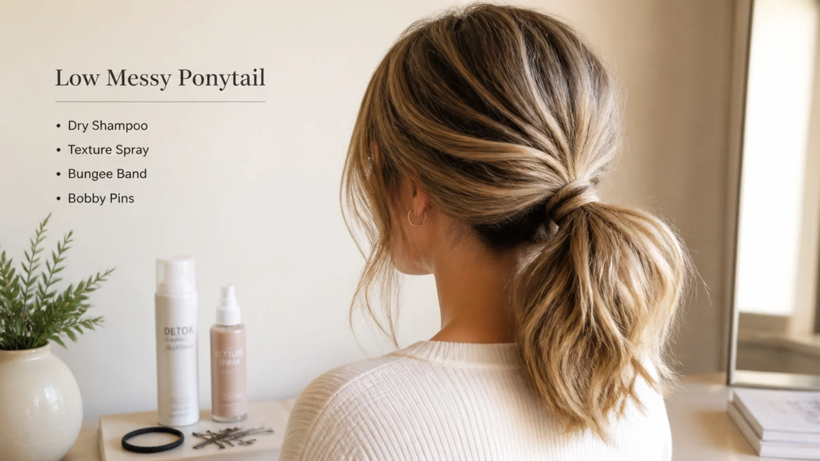Dry shampoo, texture spray, bungee band and bobby pins laid out for a low messy ponytail