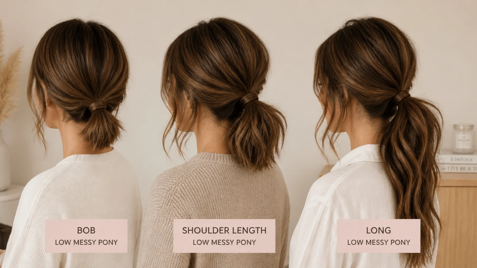 Low messy ponytail tie heights compared on bob, shoulder length and long hair