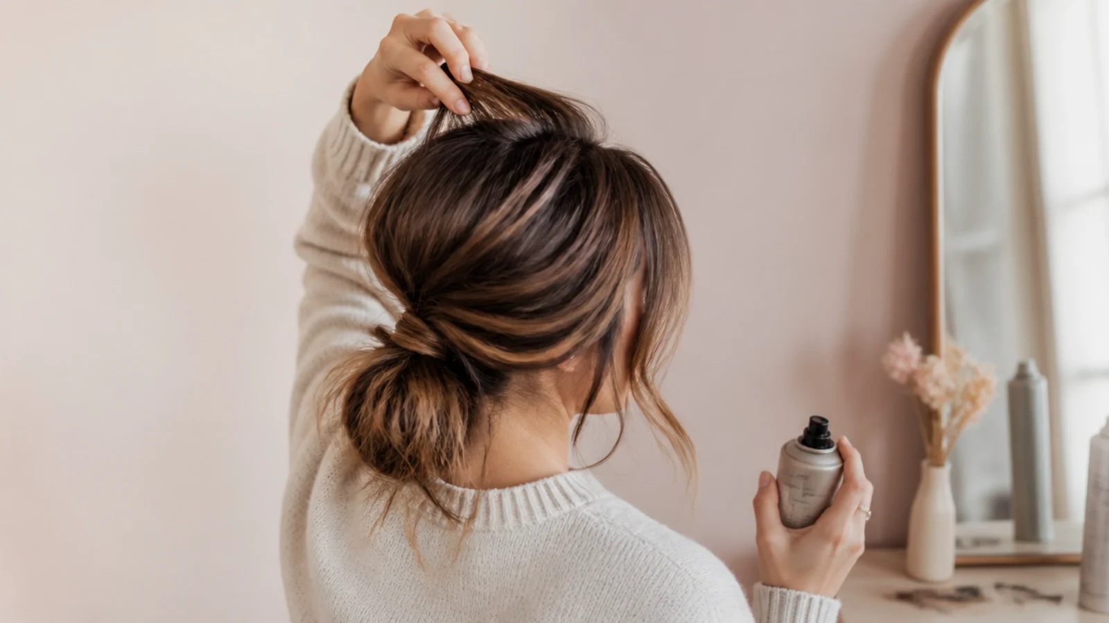 Crown sections being tugged upward for volume on a low messy ponytail