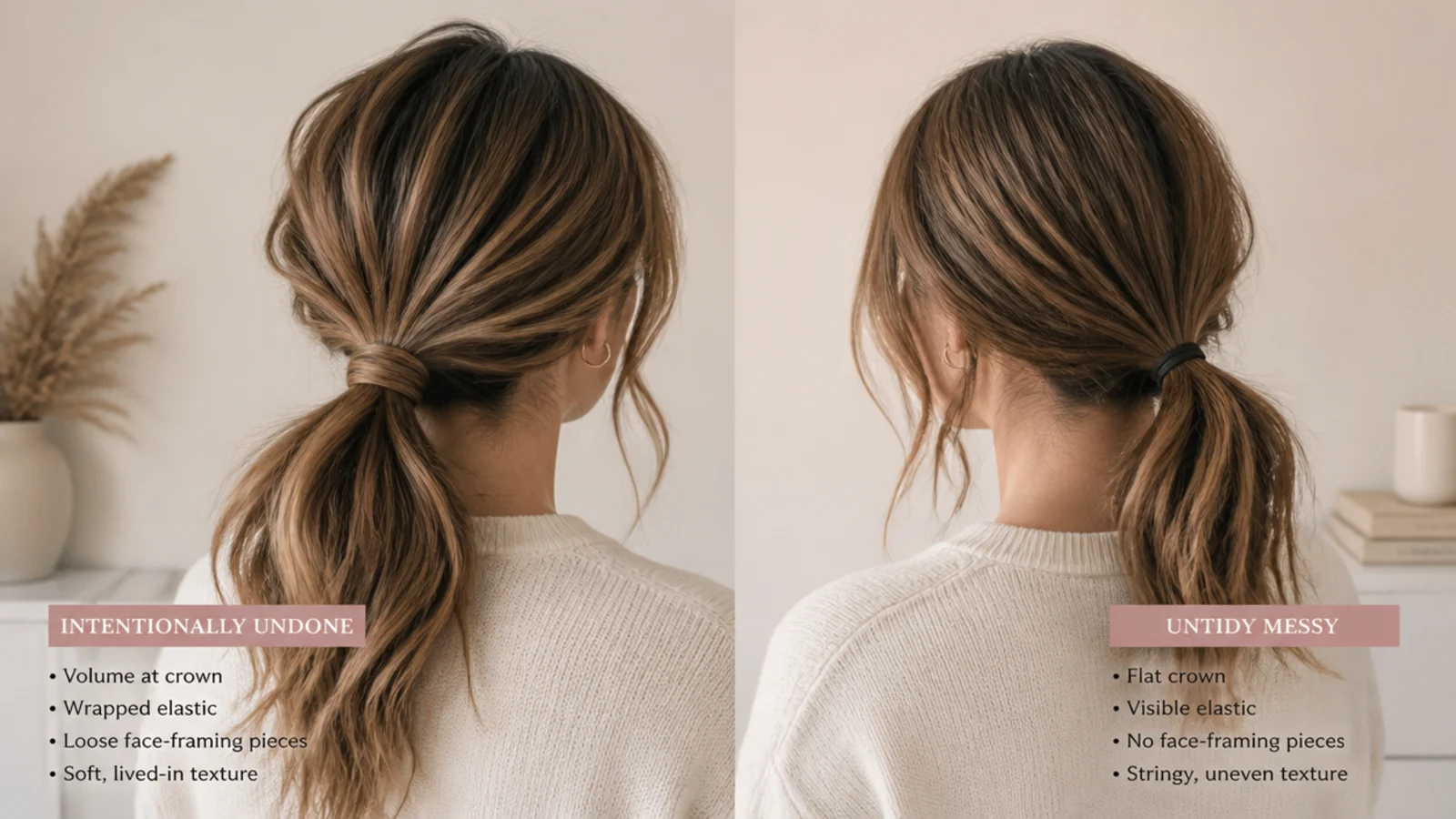 Two low messy ponytails compared, one intentionally undone and one that looks untidy