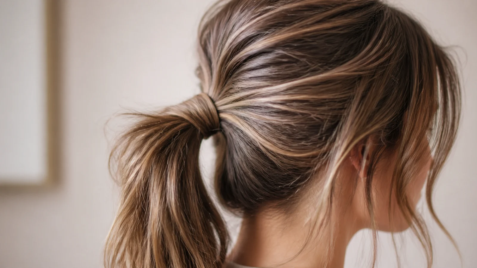 Messy ponytail on greasy day-three hair with dry shampoo worked into the roots