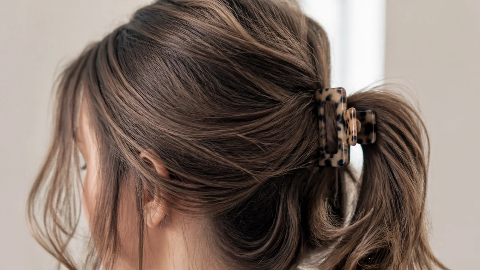 Half-up messy ponytail secured with a medium claw clip for a 30 second busy day style