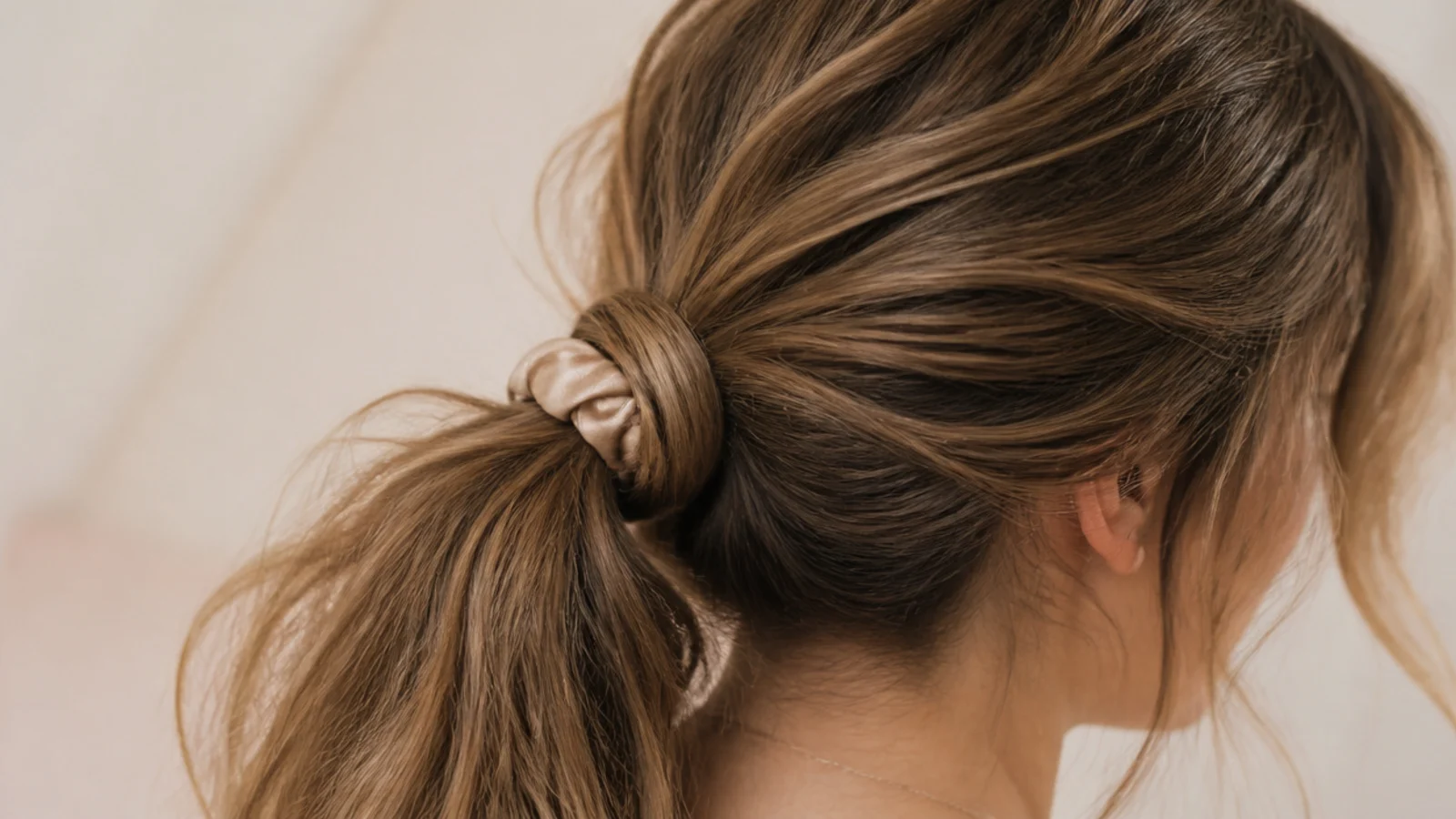Messy ponytail tied with a satin scrunchie built without a mirror on a busy morning