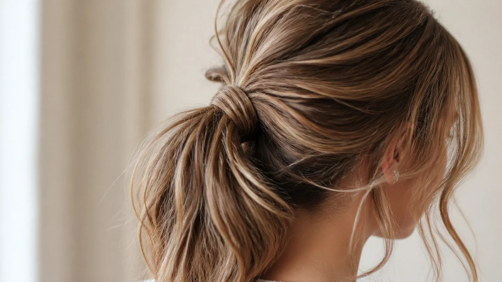 Bungee band messy ponytail on shoulder length hair with hooks anchored at the base