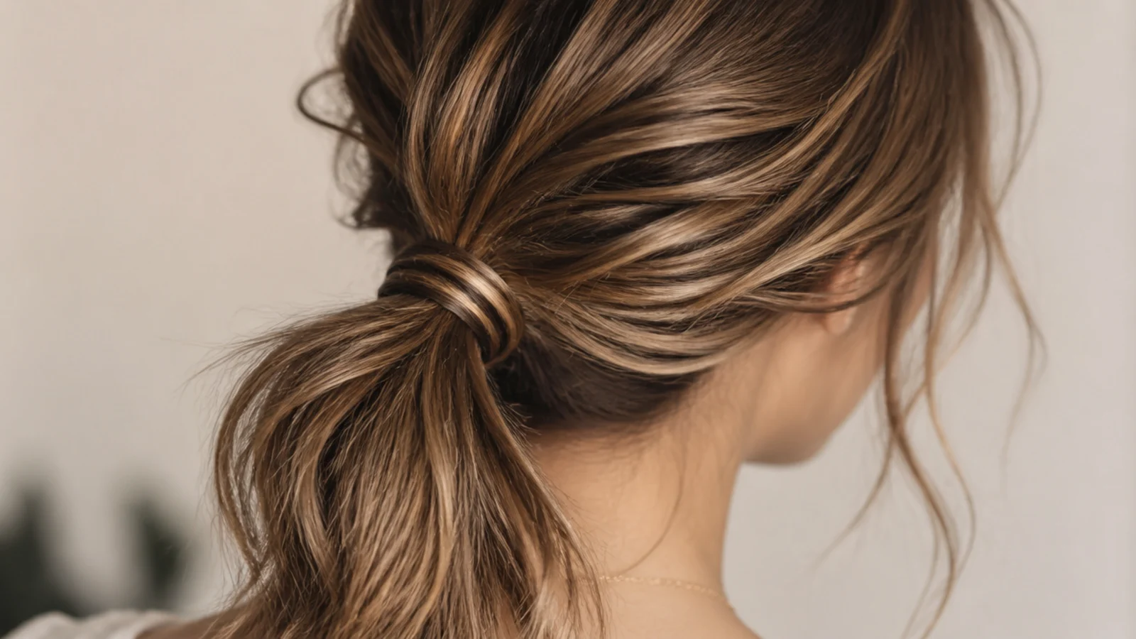 Low messy ponytail with a wrapped strand hiding the elastic for a video call