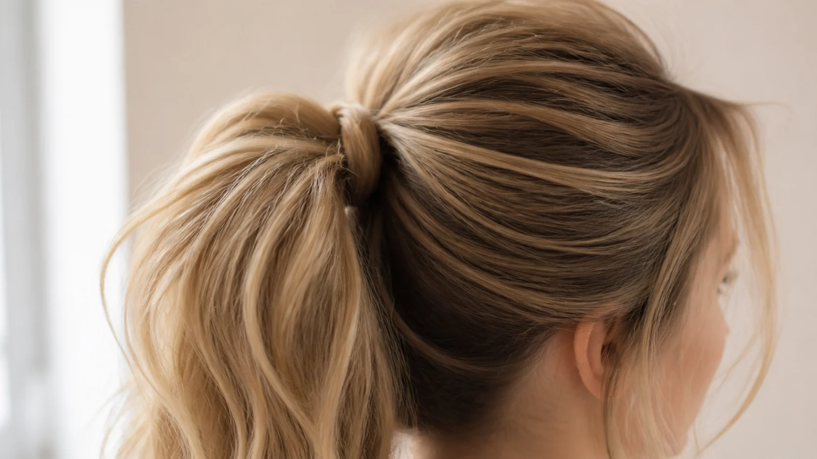 High messy ponytail on fine hair with the crown sections tugged upward for volume