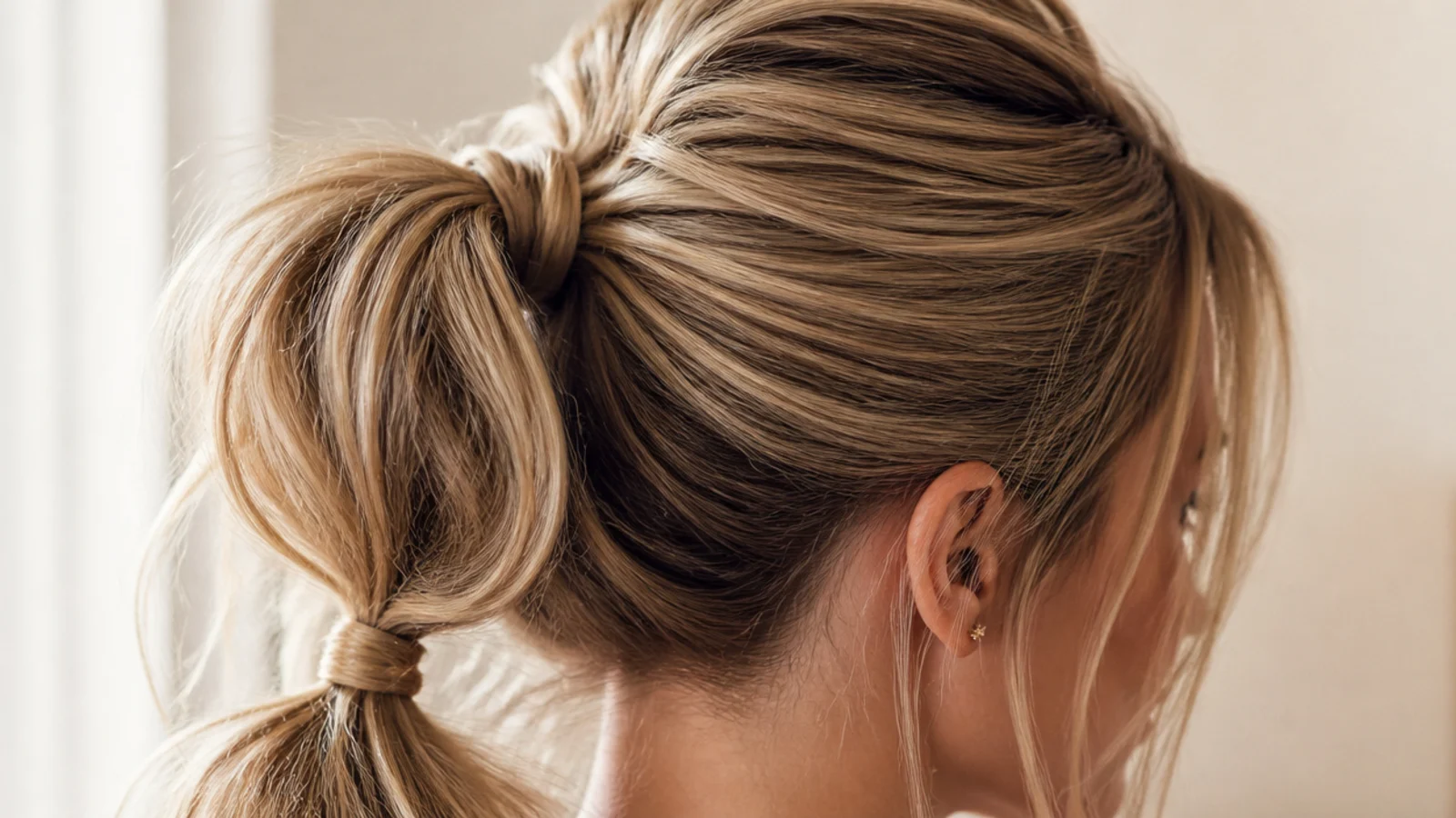 Stacked two-elastic messy ponytail built so a high ponytail does not sag through the day