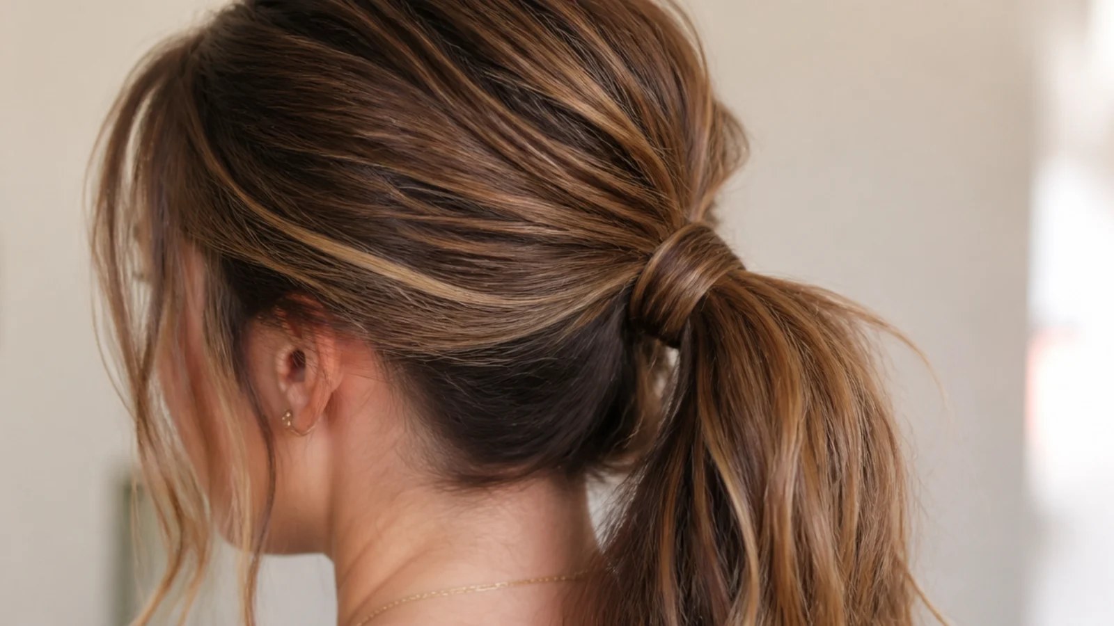 Gym to desk messy ponytail rebuilt from a workout ponytail with dry shampoo at the roots