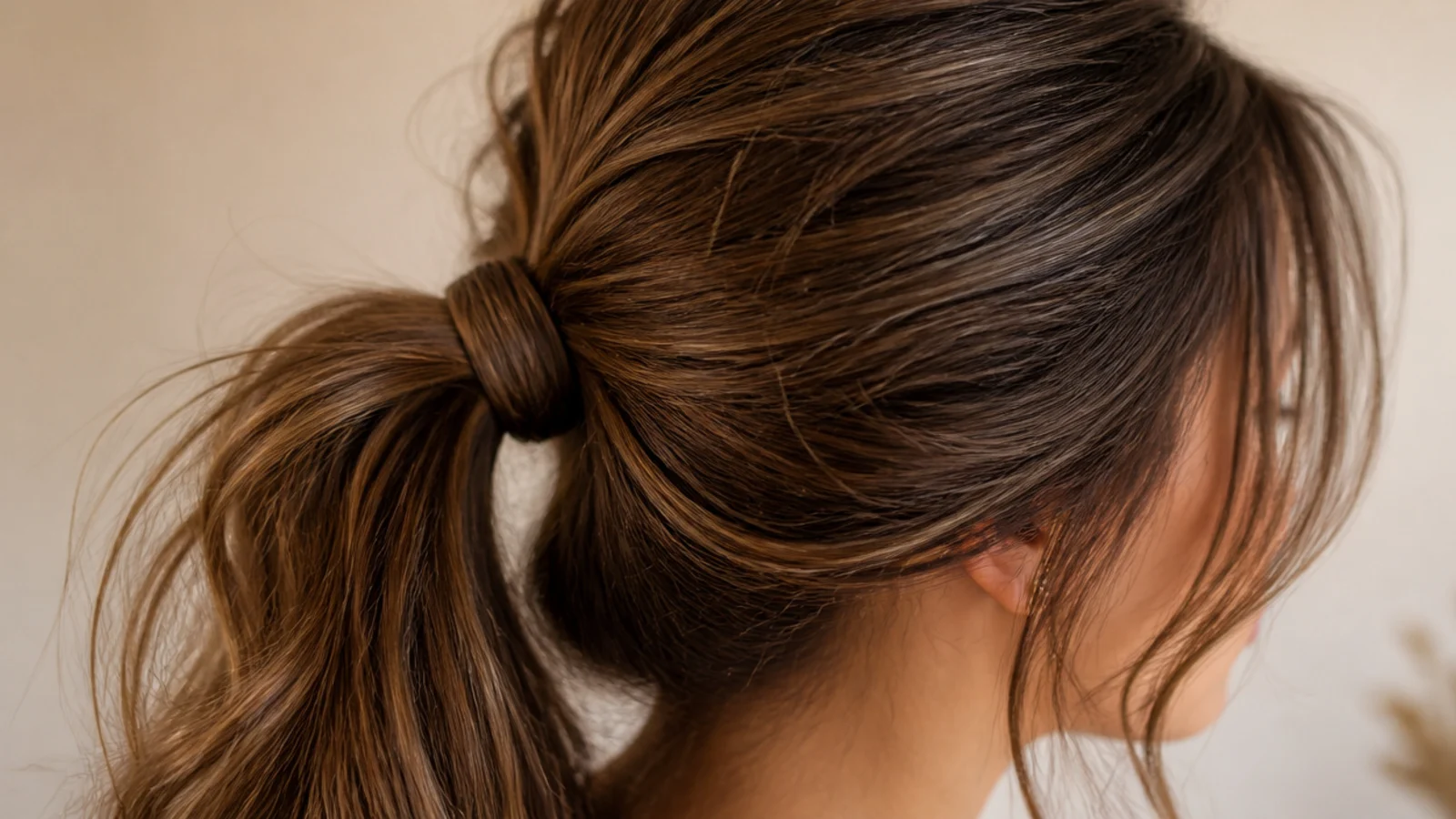 Messy ponytail with grown-out curtain bangs left out and bent away from the face