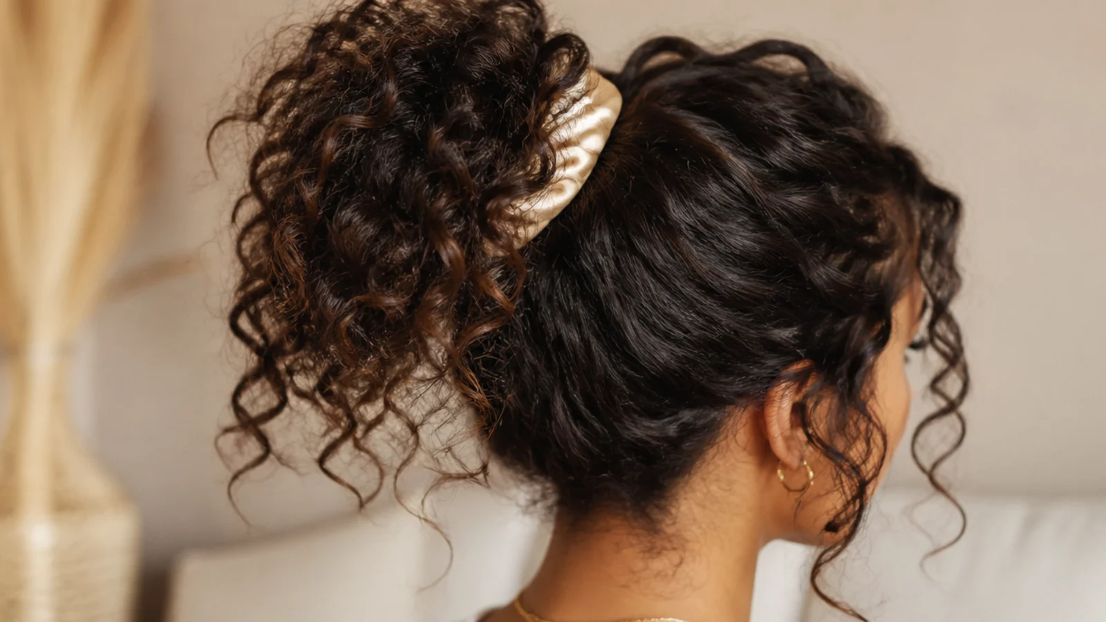 Pineapple messy ponytail on 3B curls gathered loosely high on the head with a satin scrunchie