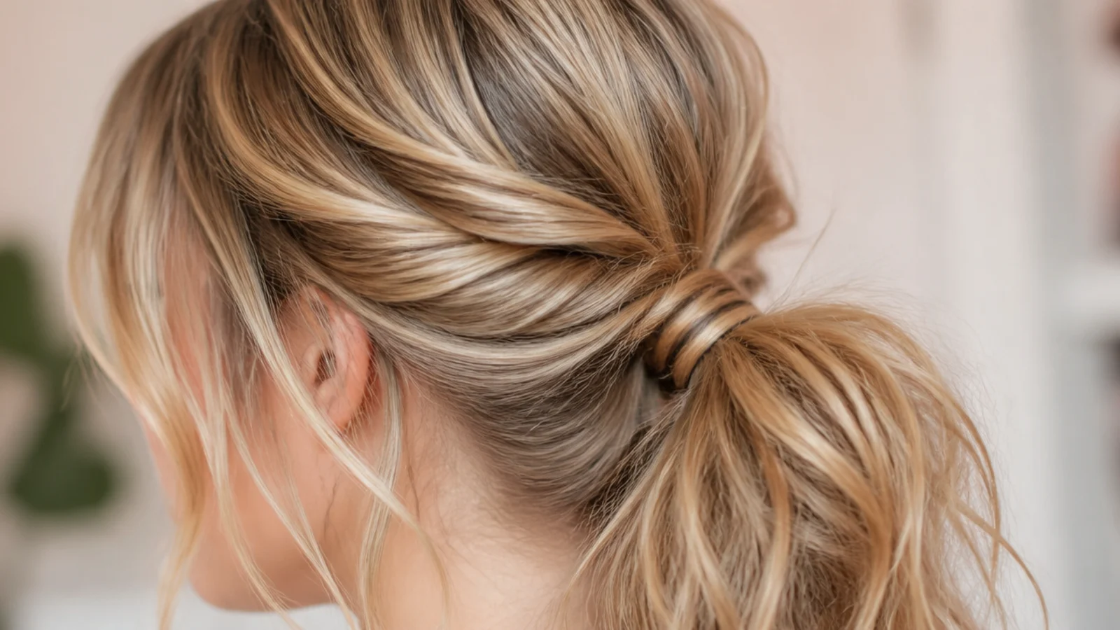 Messy ponytail with two twisted front sections rolled back into the gather for a school run