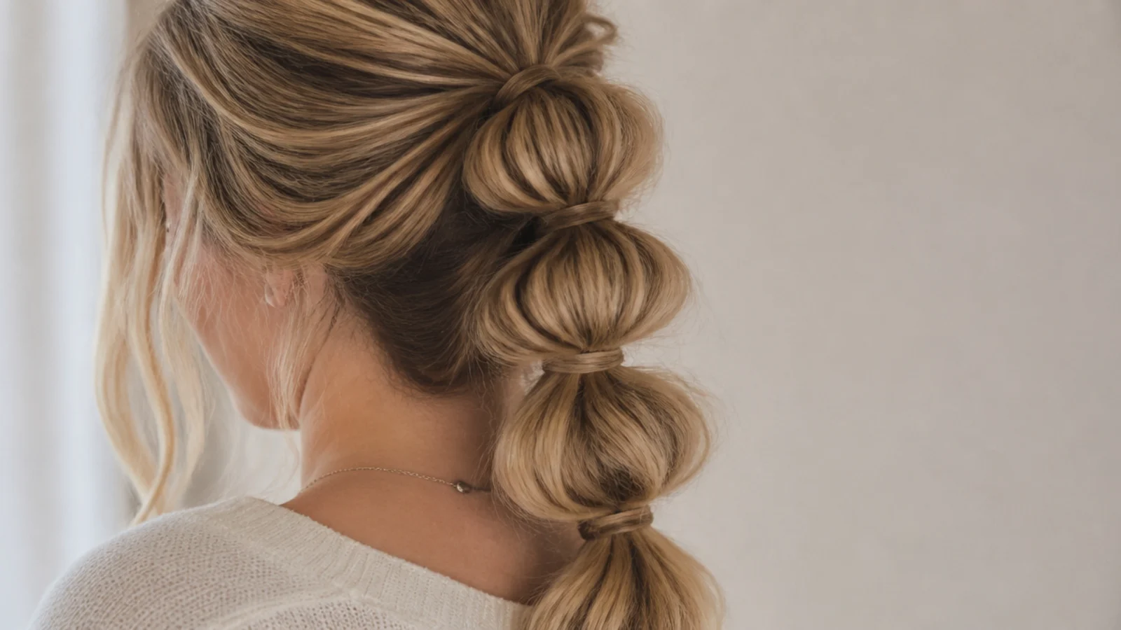 Messy bubble ponytail with five clear elastics spaced down the length and each section pulled wide