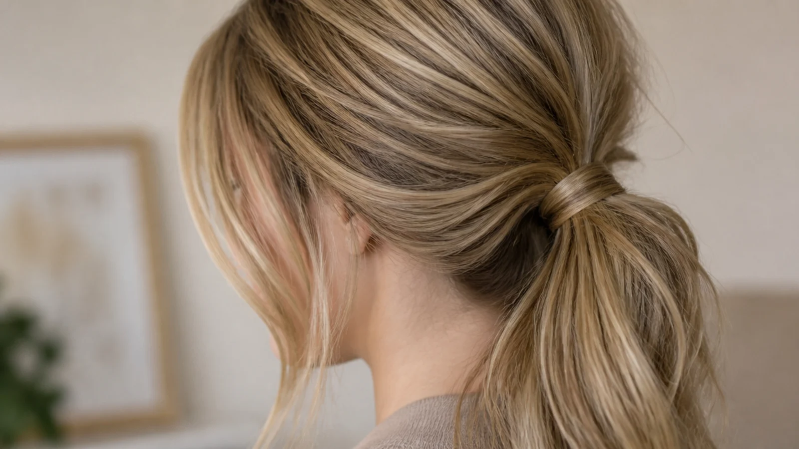 Side messy ponytail on 22 inch long hair swept over one shoulder and secured behind the ear