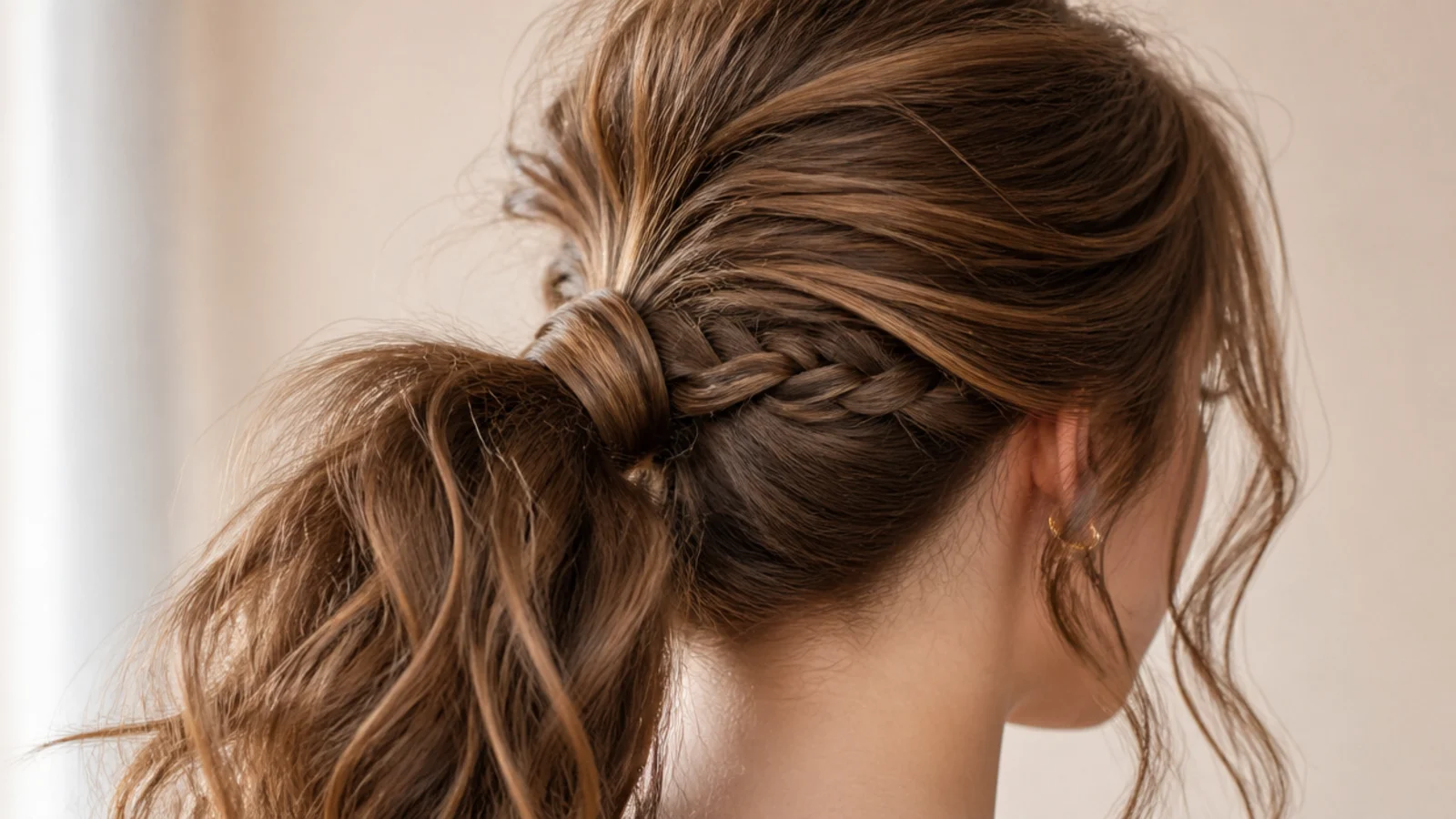 Messy ponytail with a small braid built into the base to survive a commute and a coat collar