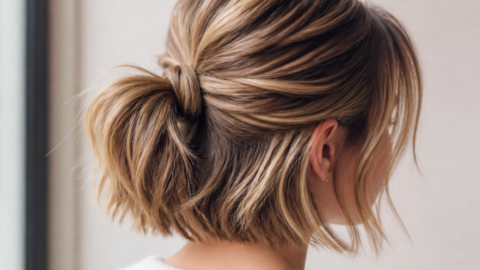 Half-up messy ponytail on a chin length bob with pins hidden under the base