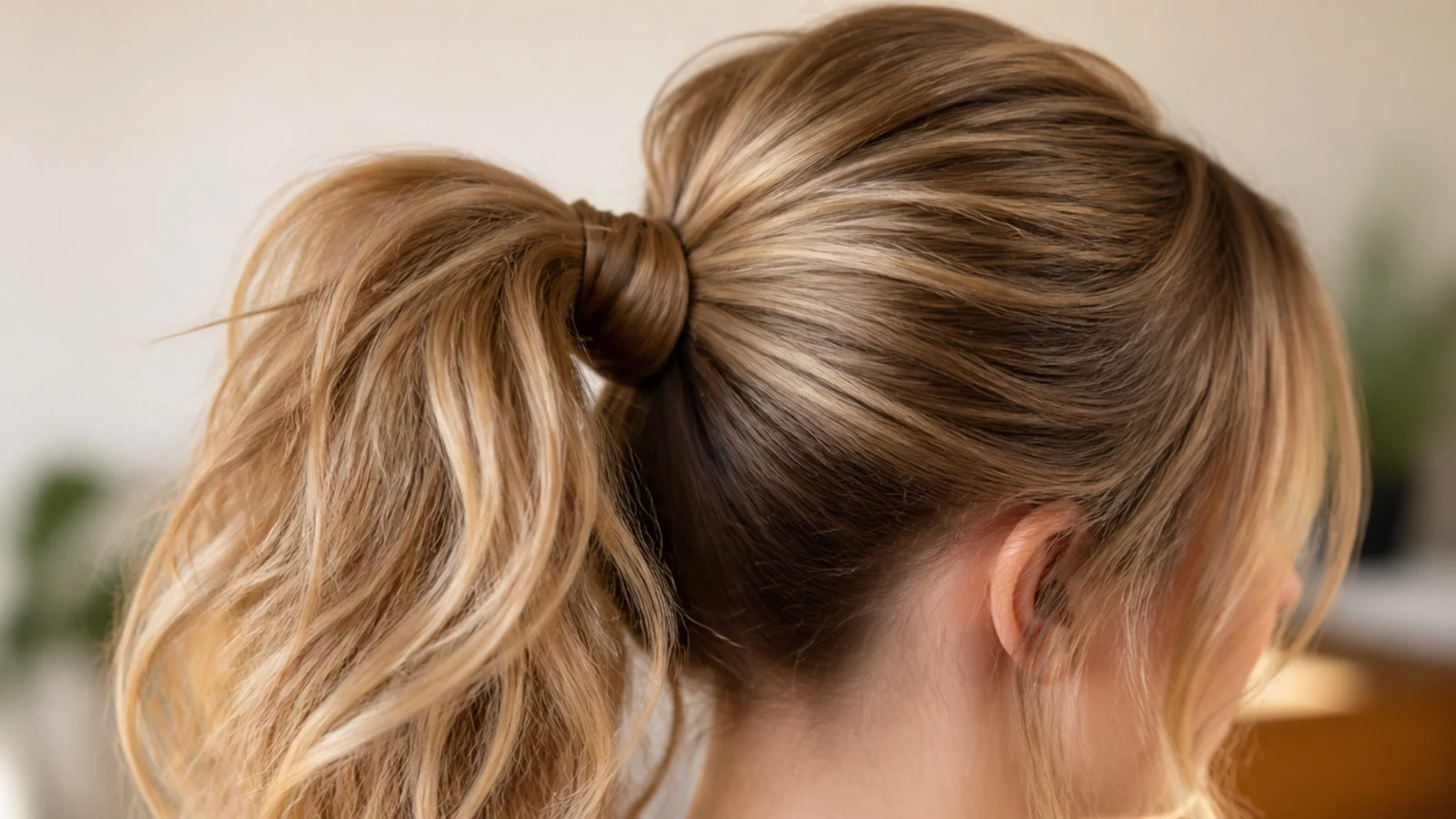 Office messy ponytail with smoothed roots at the crown and textured undone ends