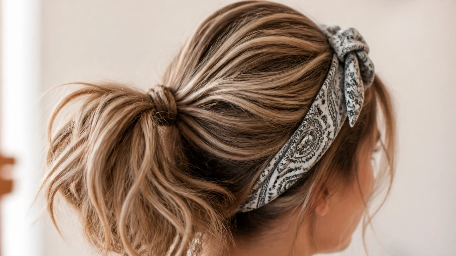 Messy ponytail with a folded bandana tied across the hairline on the day before wash day